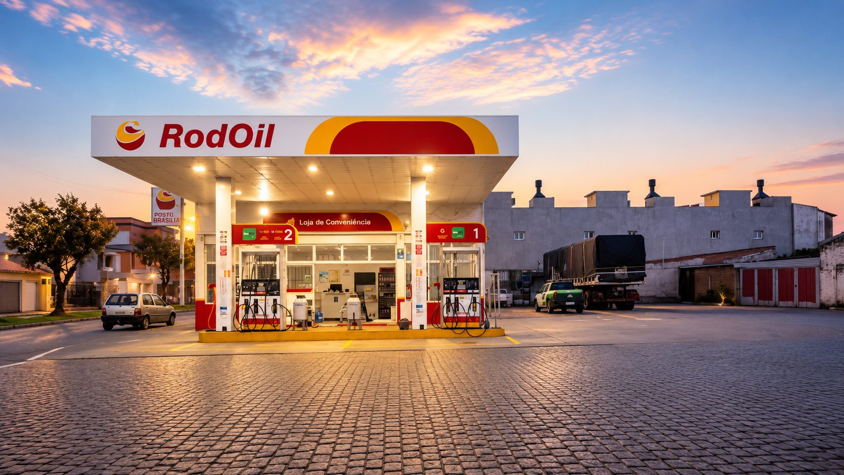 Posto de combustível ao entardecer em Jaguarão